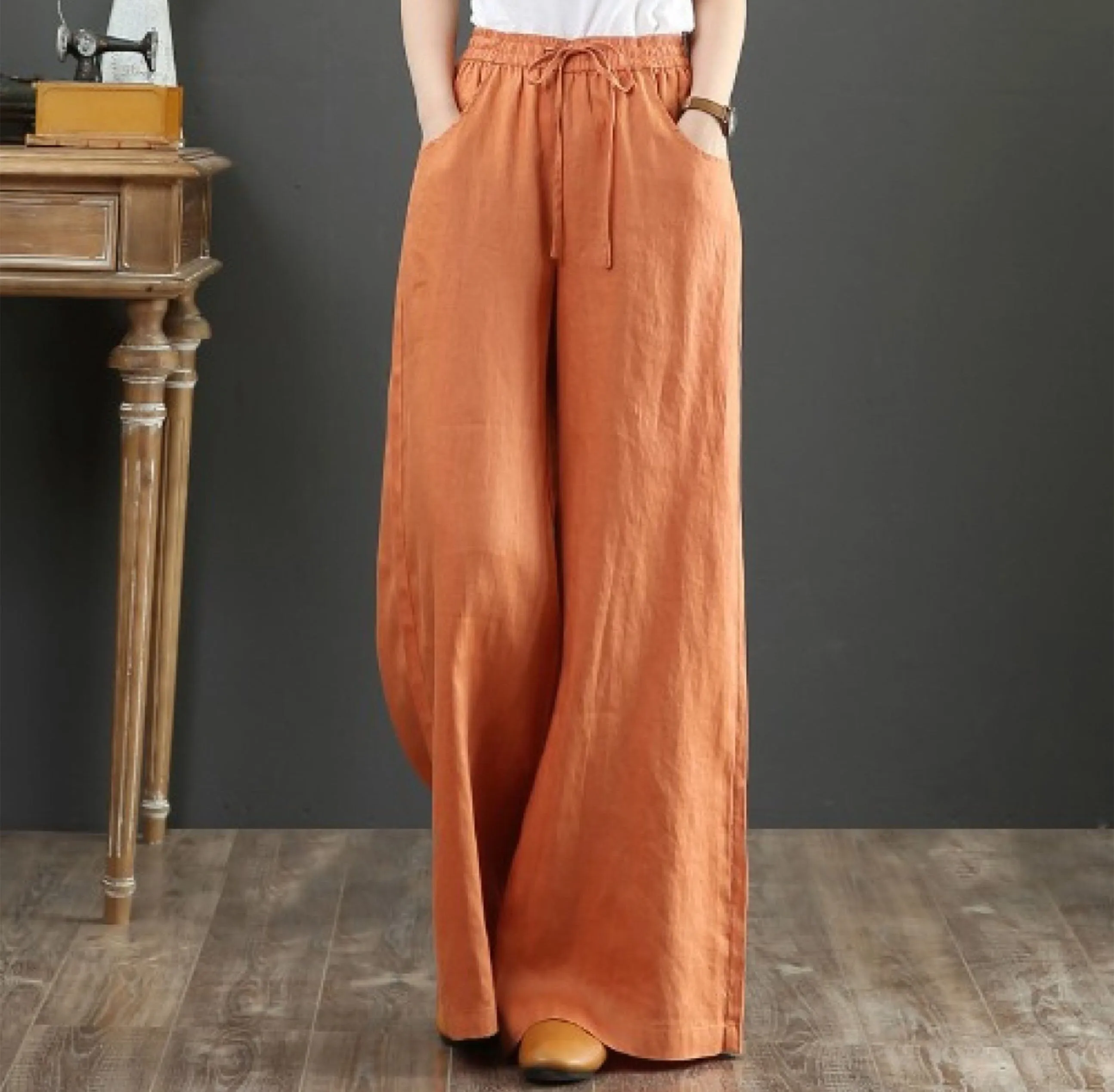 Summer Literary Cotton And Linen Women's Trousers, Linen Blend Drawstring Pants, High-Waist Mopping Pants, Straight Trousers Linen Pants