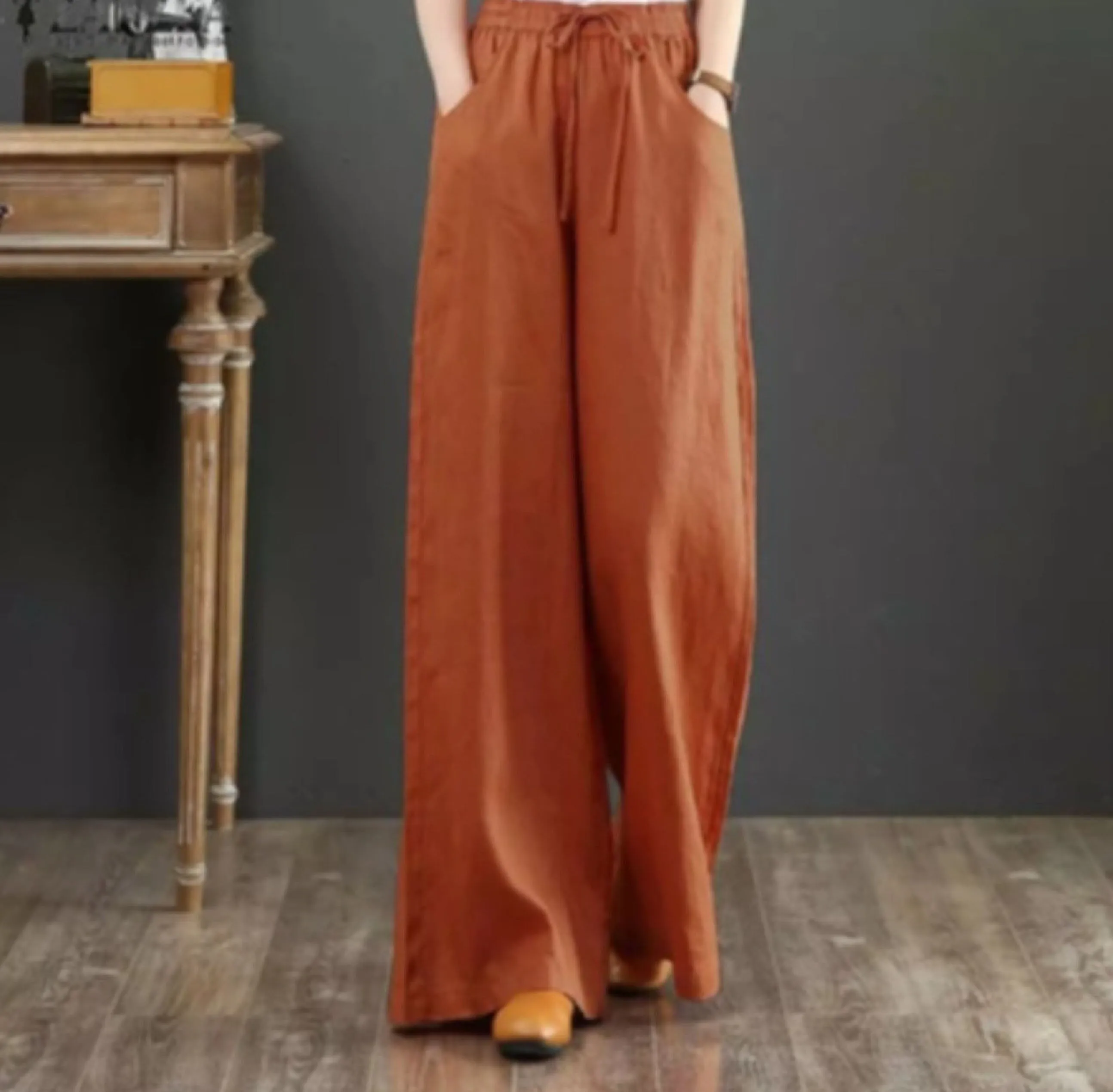 Summer Literary Cotton And Linen Women's Trousers, Linen Blend Drawstring Pants, High-Waist Mopping Pants, Straight Trousers Linen Pants