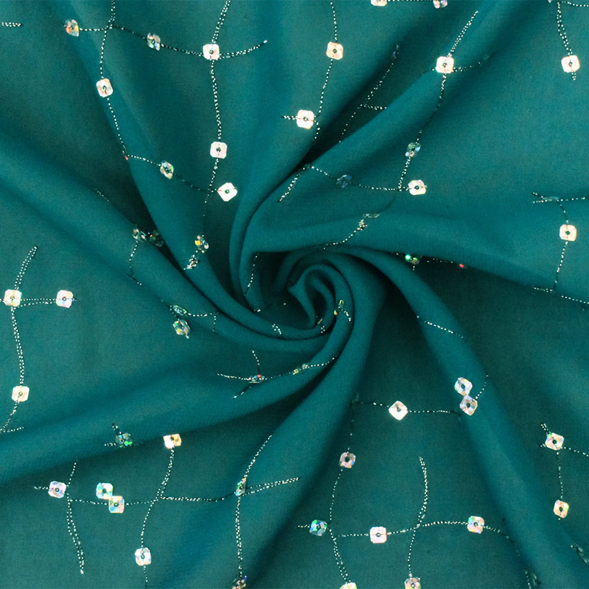 Teal-Silver Constellation Sequin Embroidery Poly Chiffon Woven Fabric