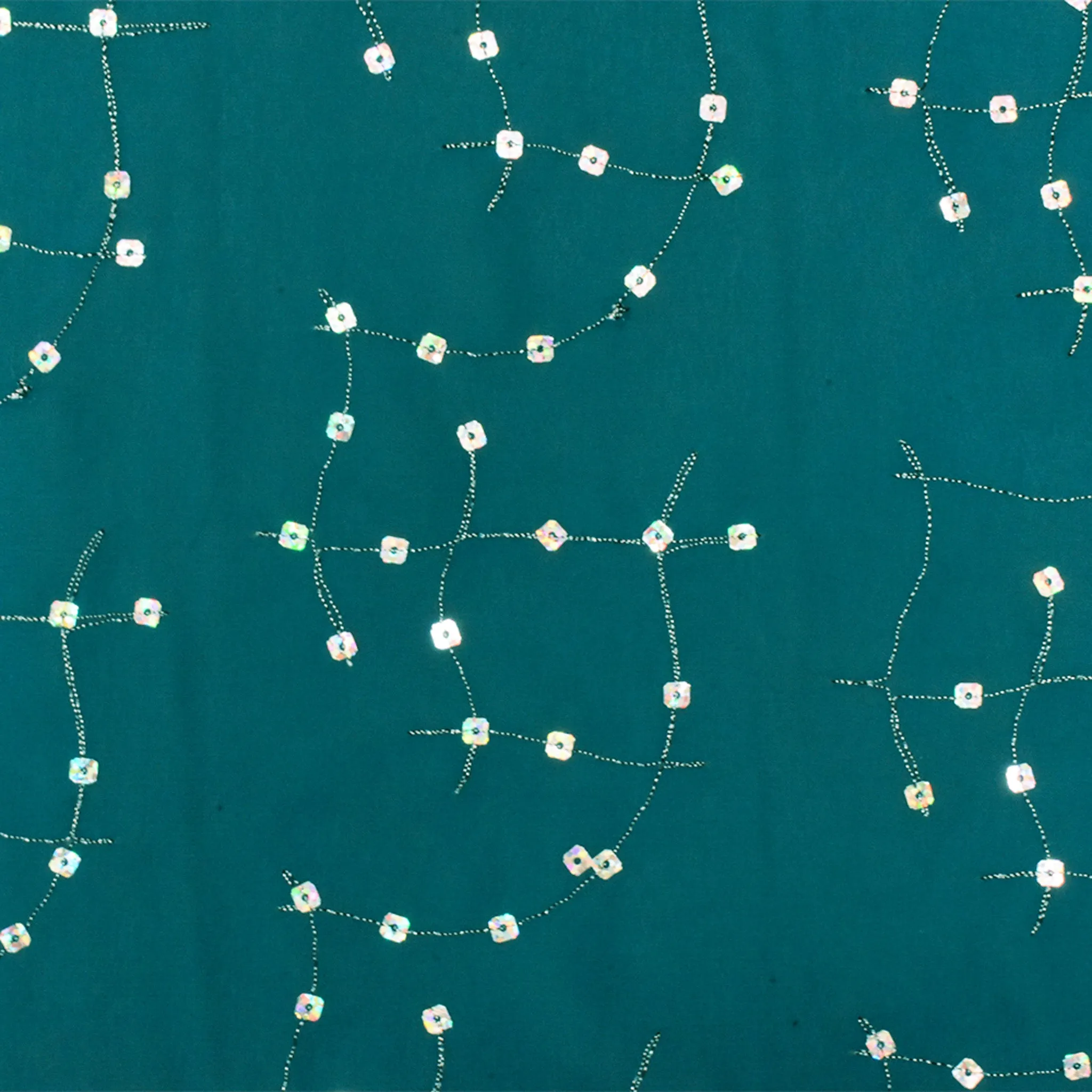 Teal-Silver Constellation Sequin Embroidery Poly Chiffon Woven Fabric