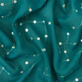 Teal-Silver Constellation Sequin Embroidery Poly Chiffon Woven Fabric