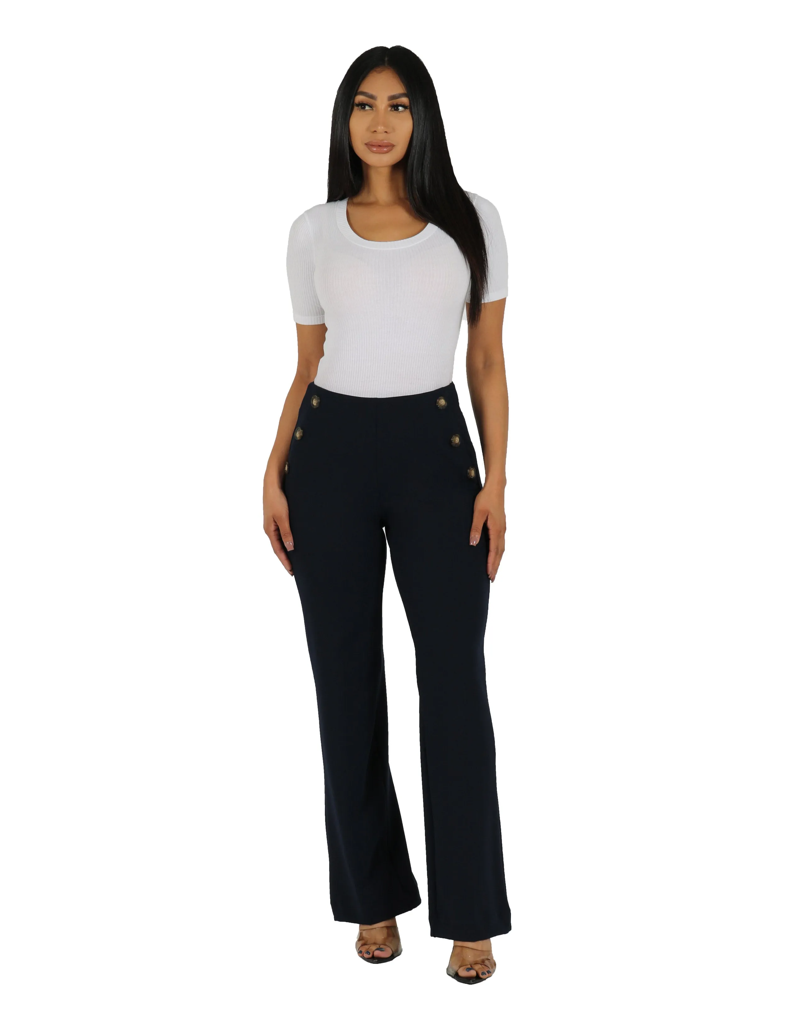 Too Busy Knit Crepe Wide Leg Pull On Pant with Horn Button Detail