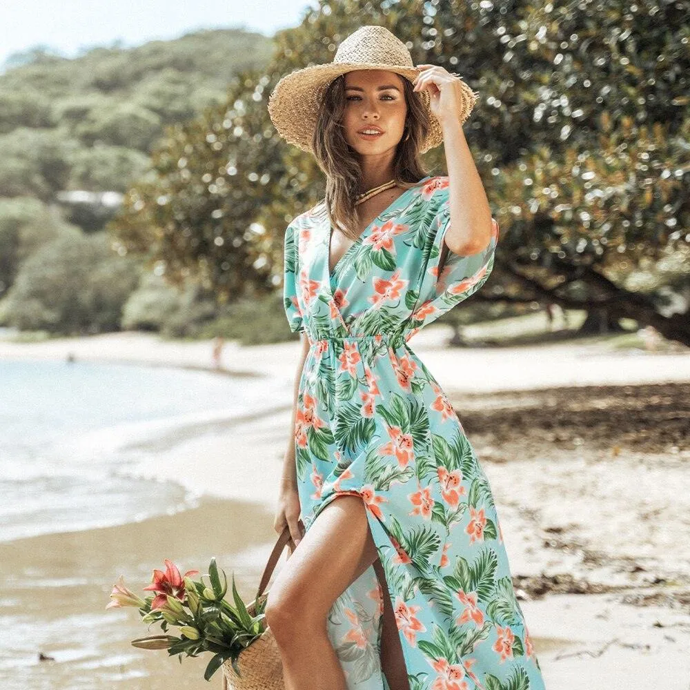 Tropical Floral Print Tiered V-Neck Short Sleeve A-Line Maxi Sundress