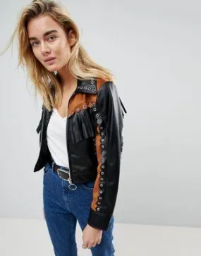 Western Blocked Studded Leather Look Jacket