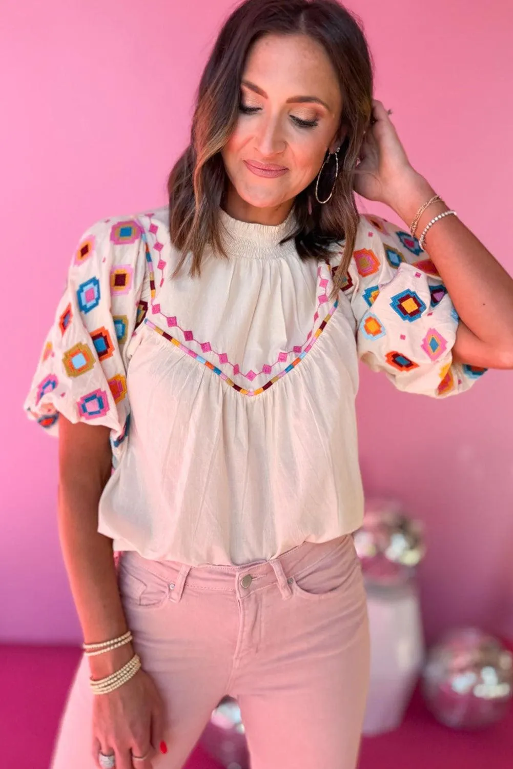 White Embroidered Puff Sleeve Blouse