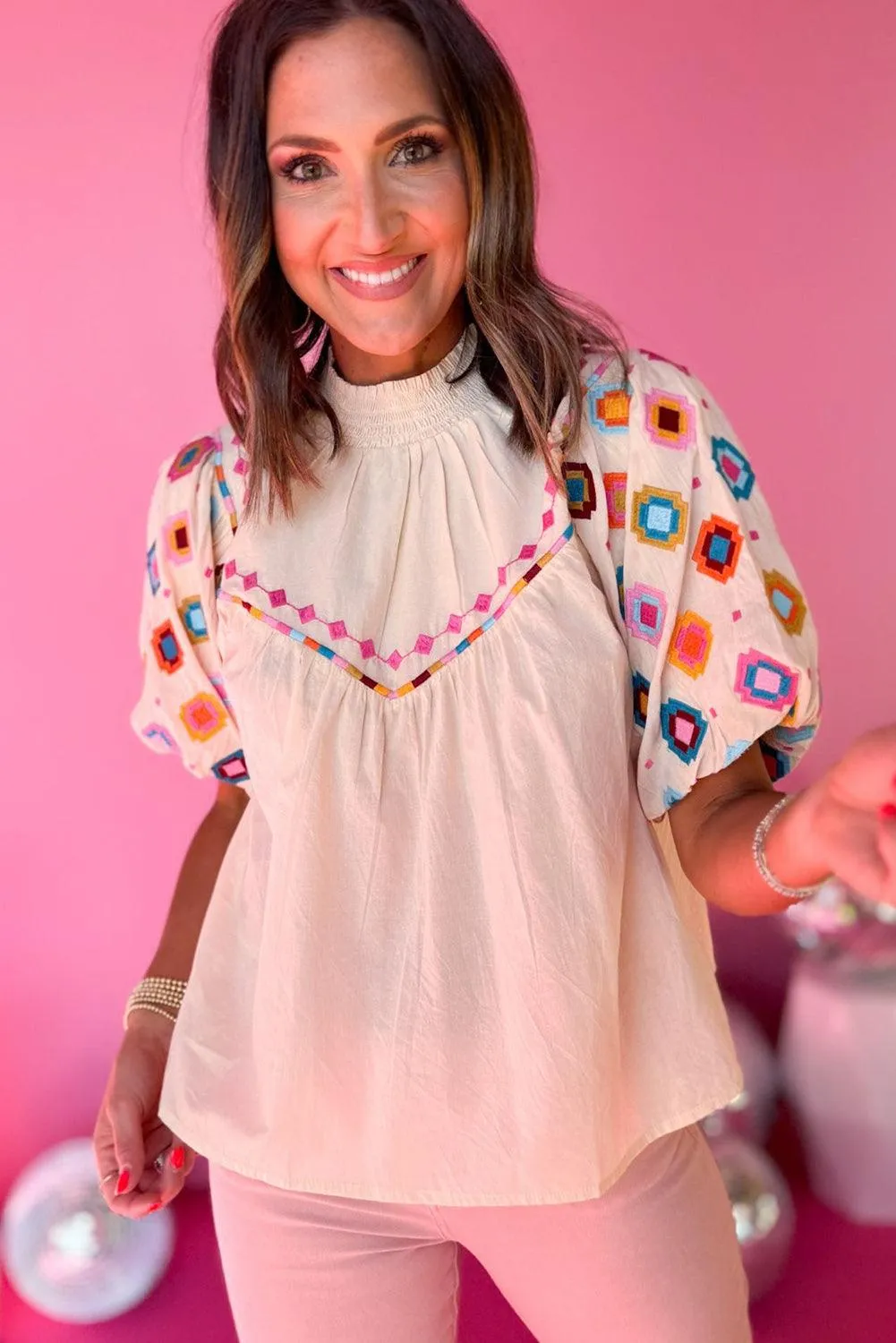 White Embroidered Puff Sleeve Blouse