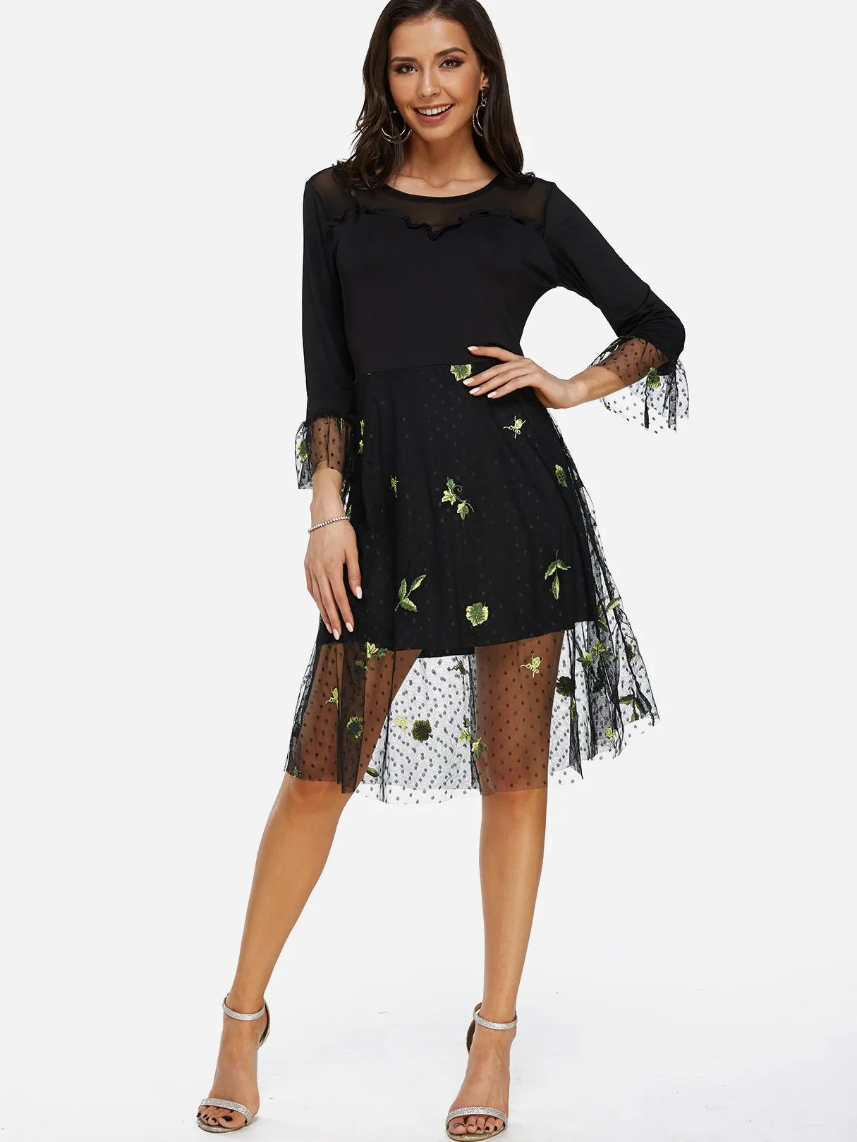 Wholesale Black Round Neck 3/4 Length Sleeve Embroidered See Through Stitching Hem Midi Dress