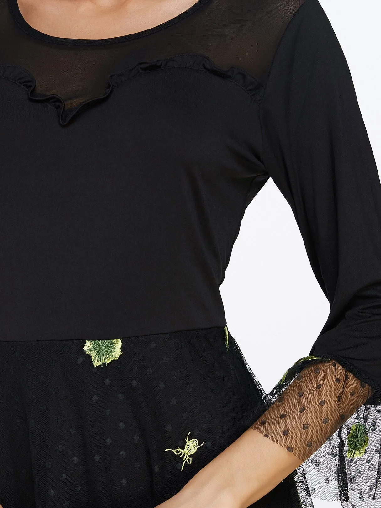 Wholesale Black Round Neck 3/4 Length Sleeve Embroidered See Through Stitching Hem Midi Dress