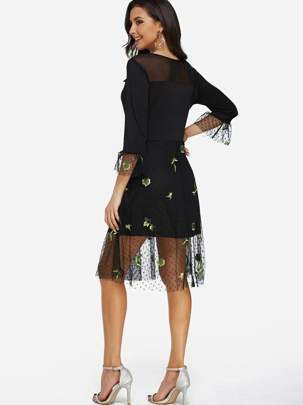 Wholesale Black Round Neck 3/4 Length Sleeve Embroidered See Through Stitching Hem Midi Dress