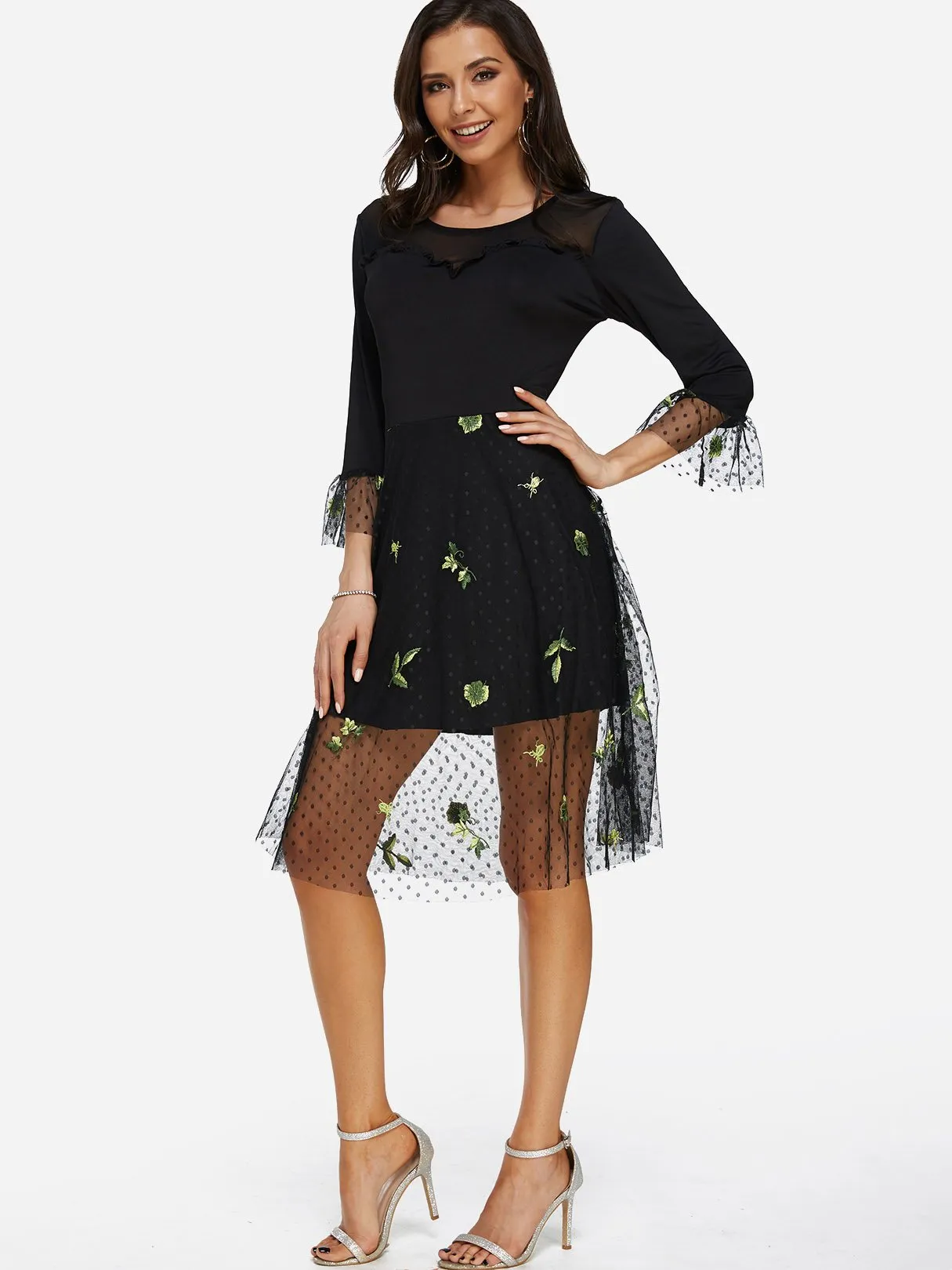 Wholesale Black Round Neck 3/4 Length Sleeve Embroidered See Through Stitching Hem Midi Dress