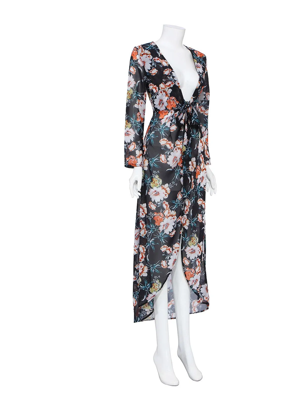 Wholesale Floral Print Semi Sheer Hi-lo Hem Maxi Dress