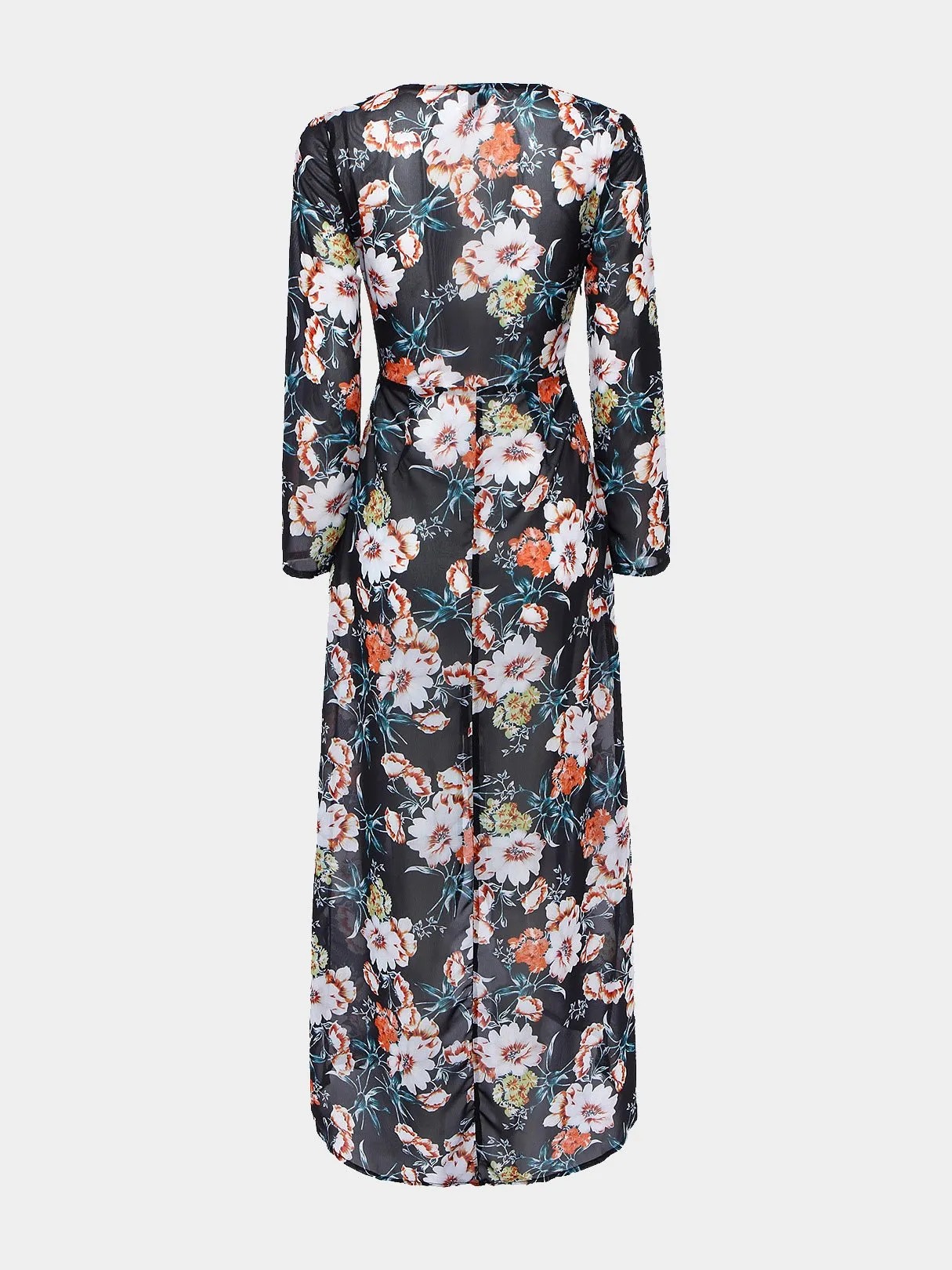 Wholesale Floral Print Semi Sheer Hi-lo Hem Maxi Dress