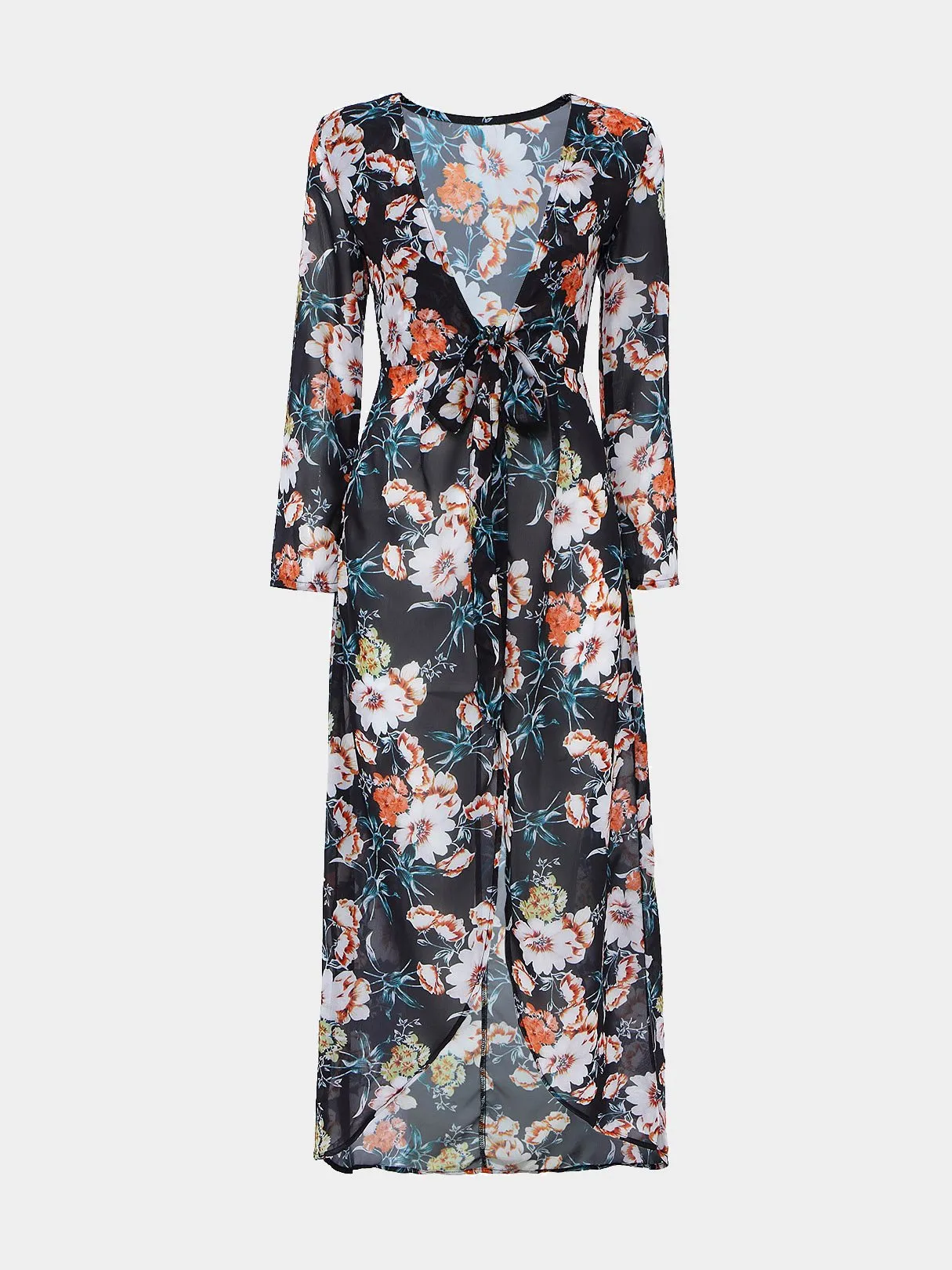 Wholesale Floral Print Semi Sheer Hi-lo Hem Maxi Dress