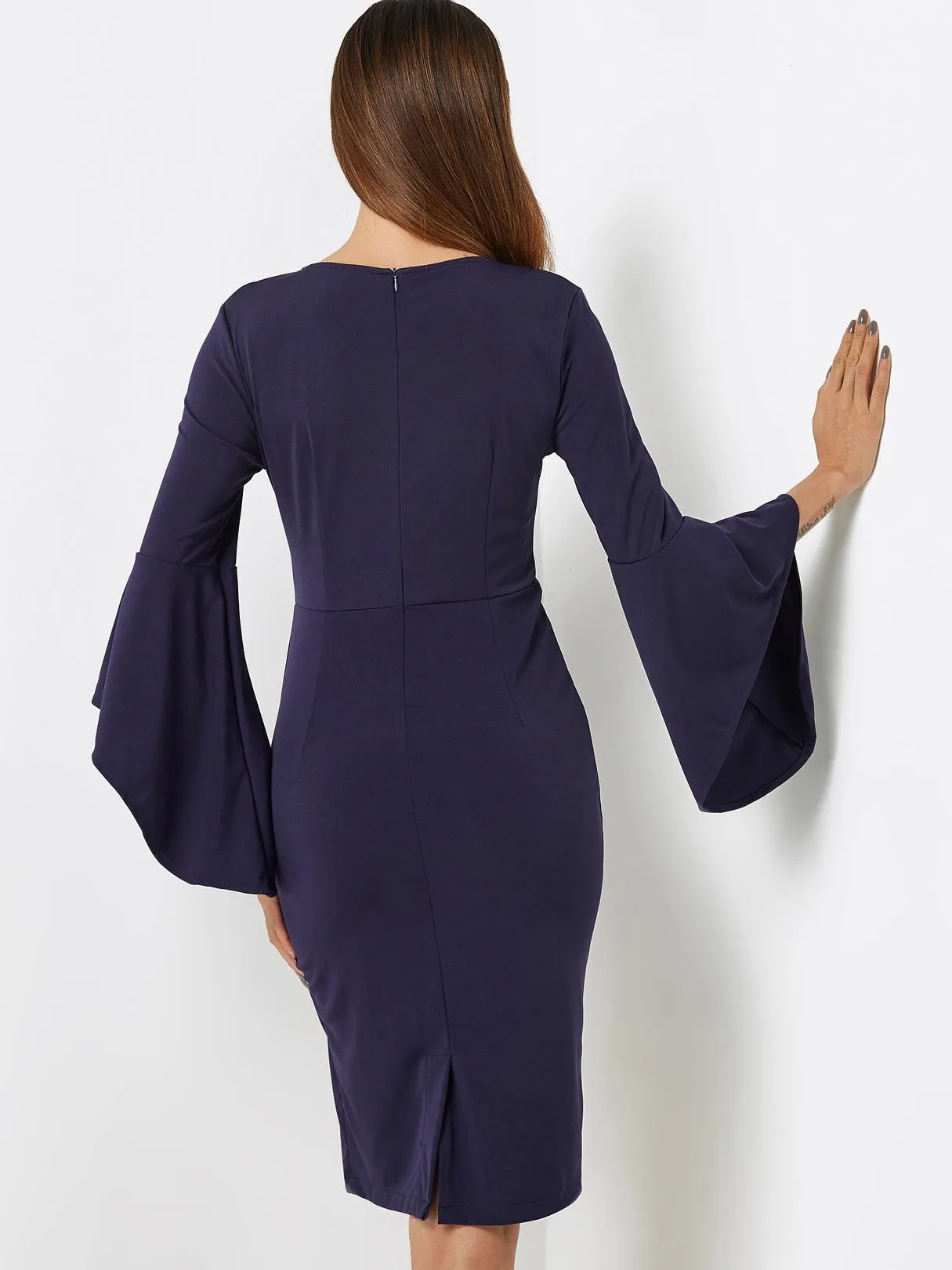 Wholesale Navy V-Neck Long Sleeve Slit Hem Midi Dress