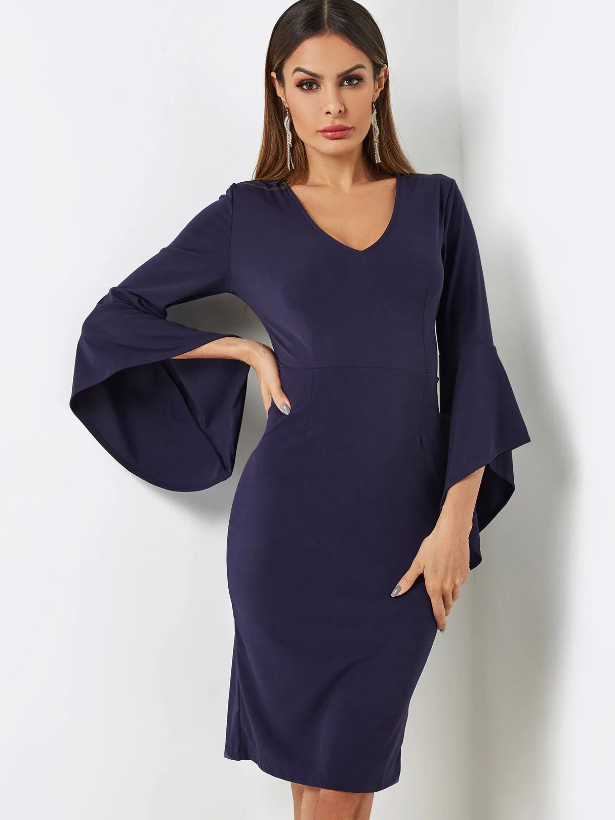 Wholesale Navy V-Neck Long Sleeve Slit Hem Midi Dress