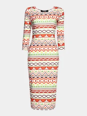 Wholesale Round Neck 3/4 Sleeve Length Geometrical Midi Dress