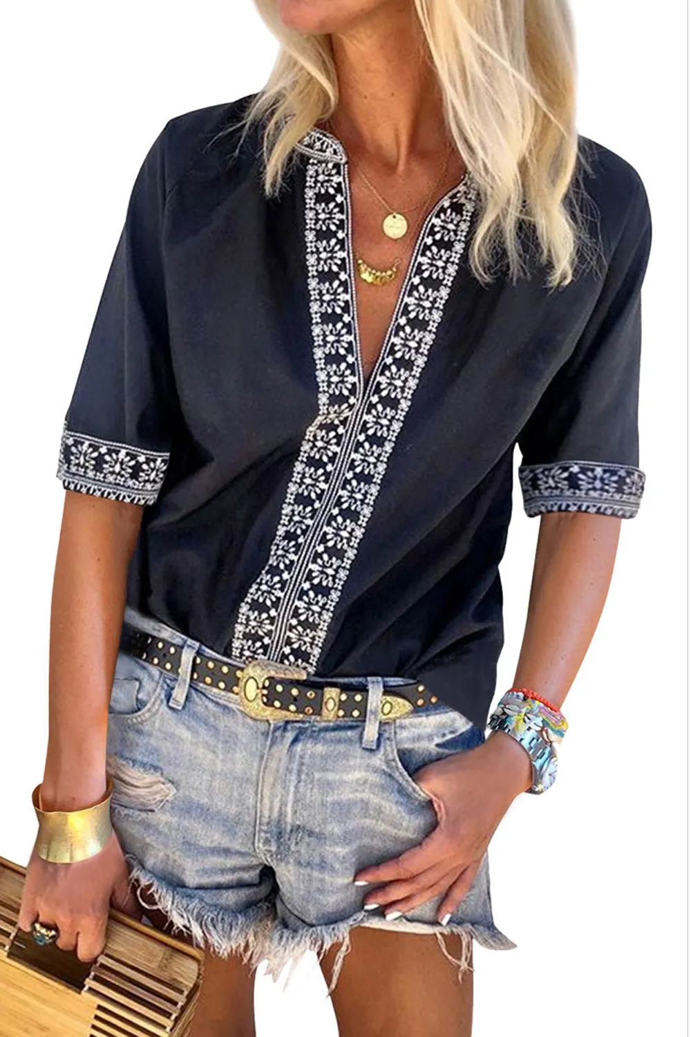 Women Elbow Sleeve Embroidered Lace V-Neck Shirt - WSB67479